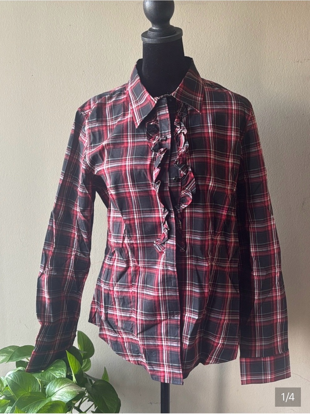 Women's Red Plaid Ruffle-Front Button-Up Shirt - Picture 5 of 5